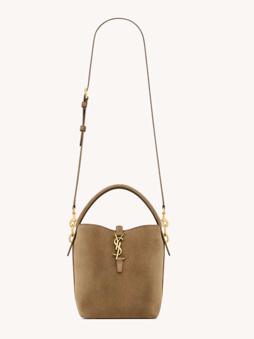 Saint Laurent Taupe Suede Mini Bucket Bag with Gold Hardware